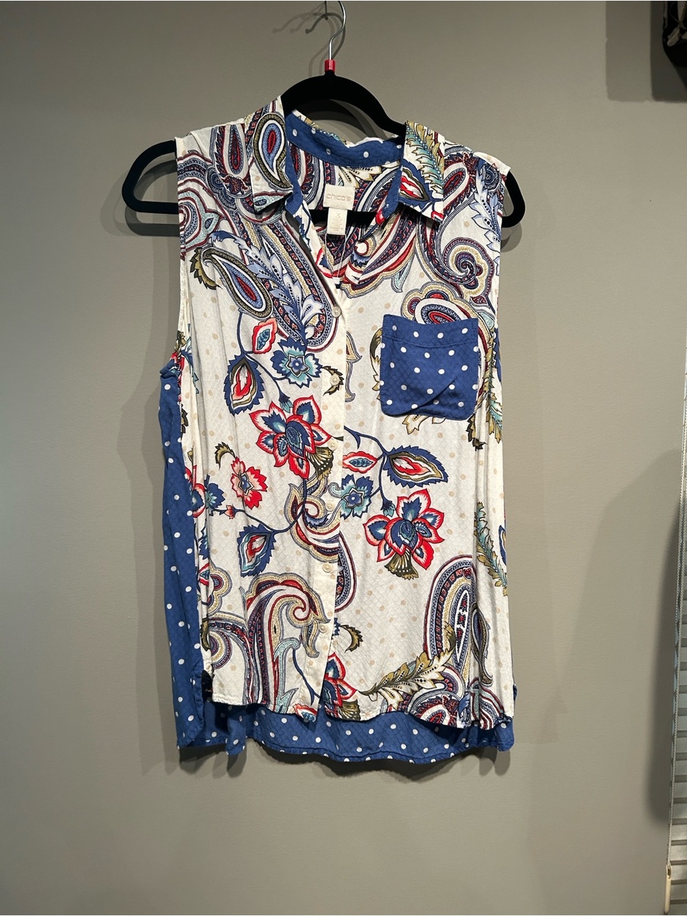 Chico's Sleeveless Paisley & Polka Dot Tank - Blue, White, Red